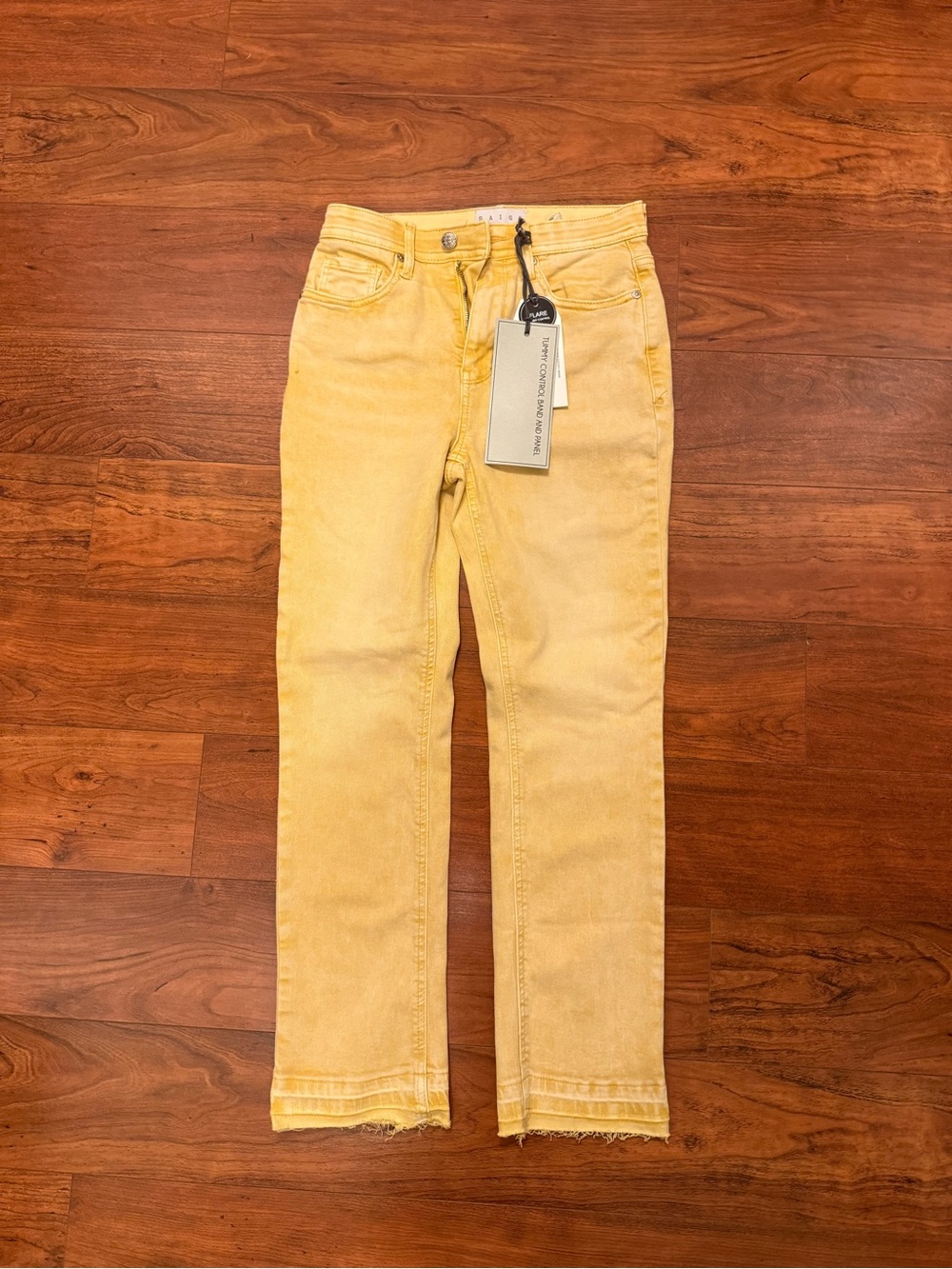 NWT Saige Denim Brad Yellow Mineral Wash Kick Flare Jeans Tummy Control